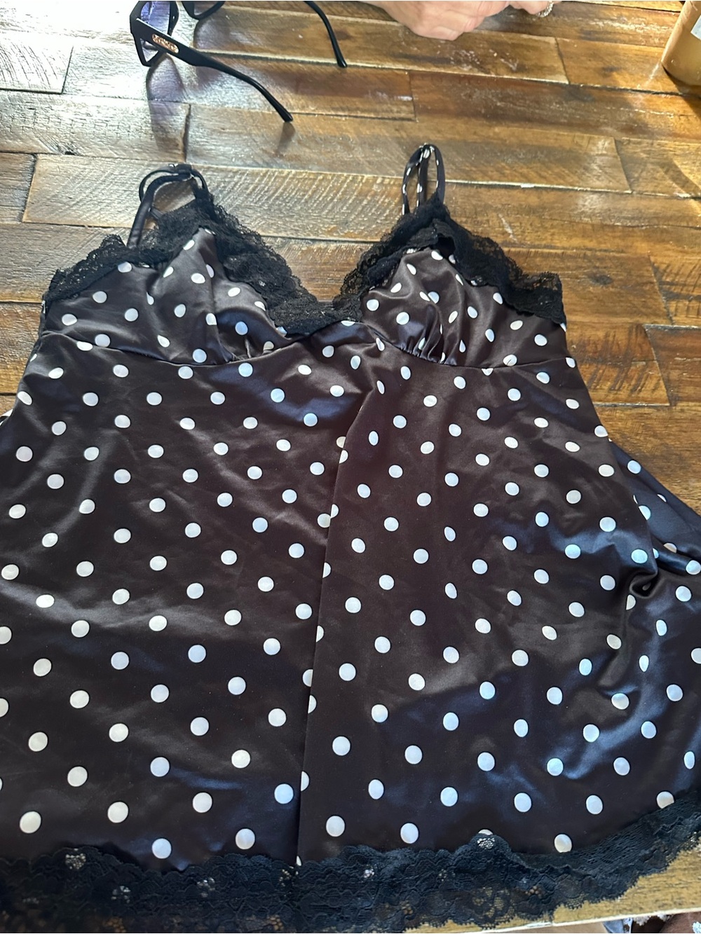 SHEIN Black & White Polka Dot Lace Trim Satin Tank